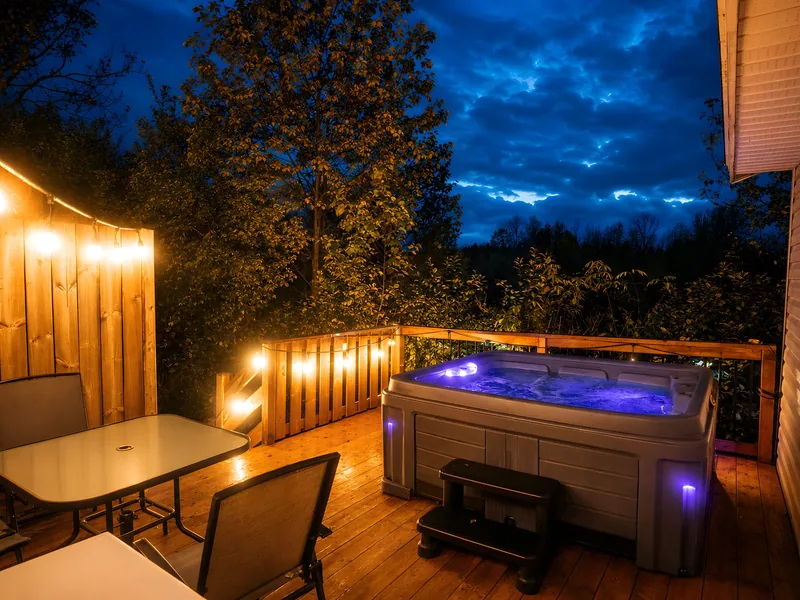 Le Bouleau — Spa éclairé et table sur une terrasse à la tombée de la nuit